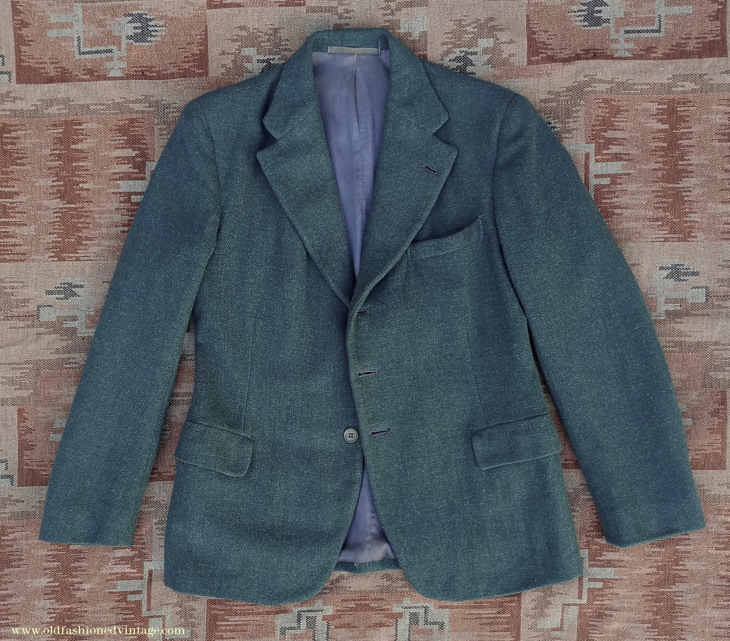 Vintage Mens 1940s CC41 Green Tweed Suit 2 Piece Single Breasted Herringbone Wool 37" 38"
