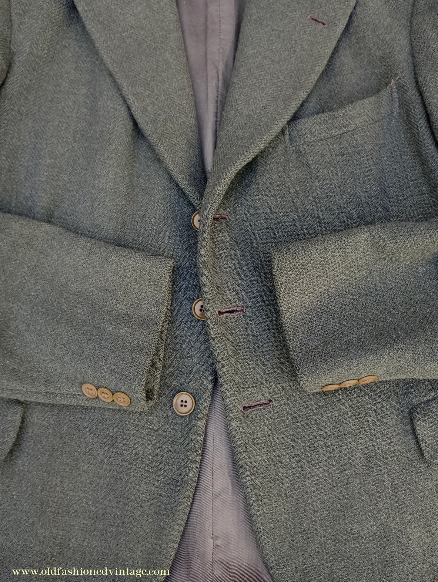 Vintage Mens 1940s CC41 Green Tweed Suit 2 Piece Single Breasted Herringbone Wool 37" 38"