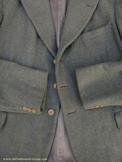 Vintage Mens 1940s CC41 Green Tweed Suit 2 Piece Single Breasted Herringbone Wool 37" 38"