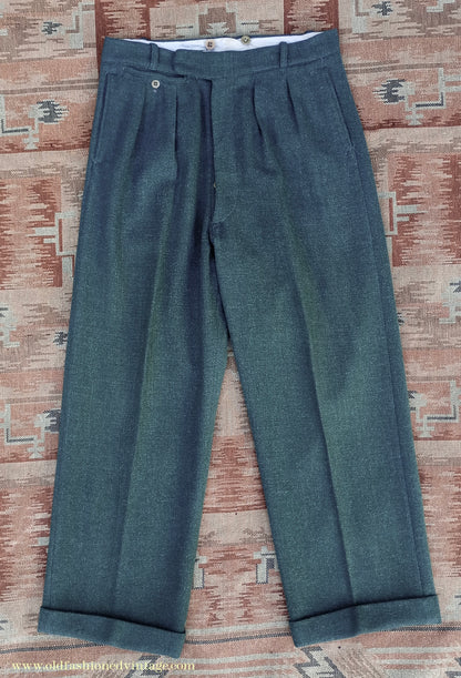 Vintage Mens 1940s CC41 Green Tweed Suit 2 Piece Single Breasted Herringbone Wool 37" 38"