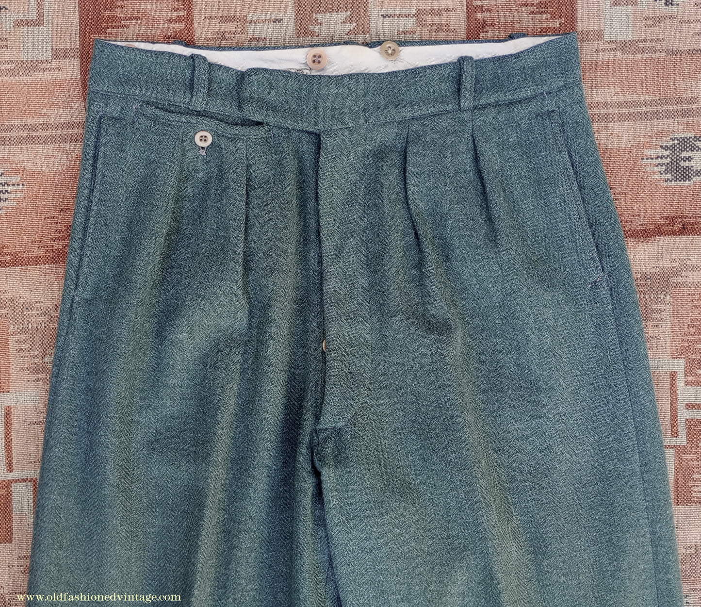 Vintage Mens 1940s CC41 Green Tweed Suit 2 Piece Single Breasted Herringbone Wool 37" 38"