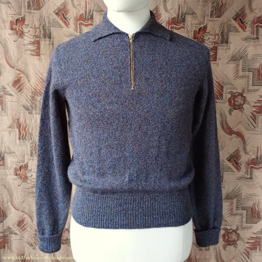 Old Fashioned Garments Vintage Reproduction 1940s Mens Zip Neck Jumper Purple Blue Heather Marl Polo Collar Sweater Lumberjacket S