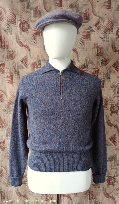 Old Fashioned Garments Vintage Reproduction 1940s Mens Zip Neck Jumper Purple Blue Heather Marl Polo Collar Sweater Lumberjacket S