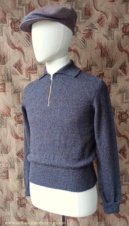 Old Fashioned Garments Vintage Reproduction 1940s Mens Zip Neck Jumper Purple Blue Heather Marl Polo Collar Sweater Lumberjacket S
