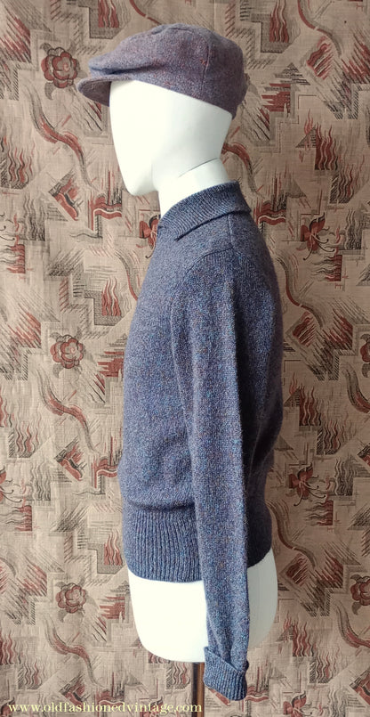 Old Fashioned Garments Vintage Reproduction 1940s Mens Zip Neck Jumper Purple Blue Heather Marl Polo Collar Sweater Lumberjacket S