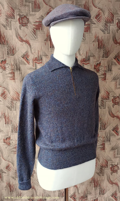 Old Fashioned Garments Vintage Reproduction 1940s Mens Zip Neck Jumper Purple Blue Heather Marl Polo Collar Sweater Lumberjacket S
