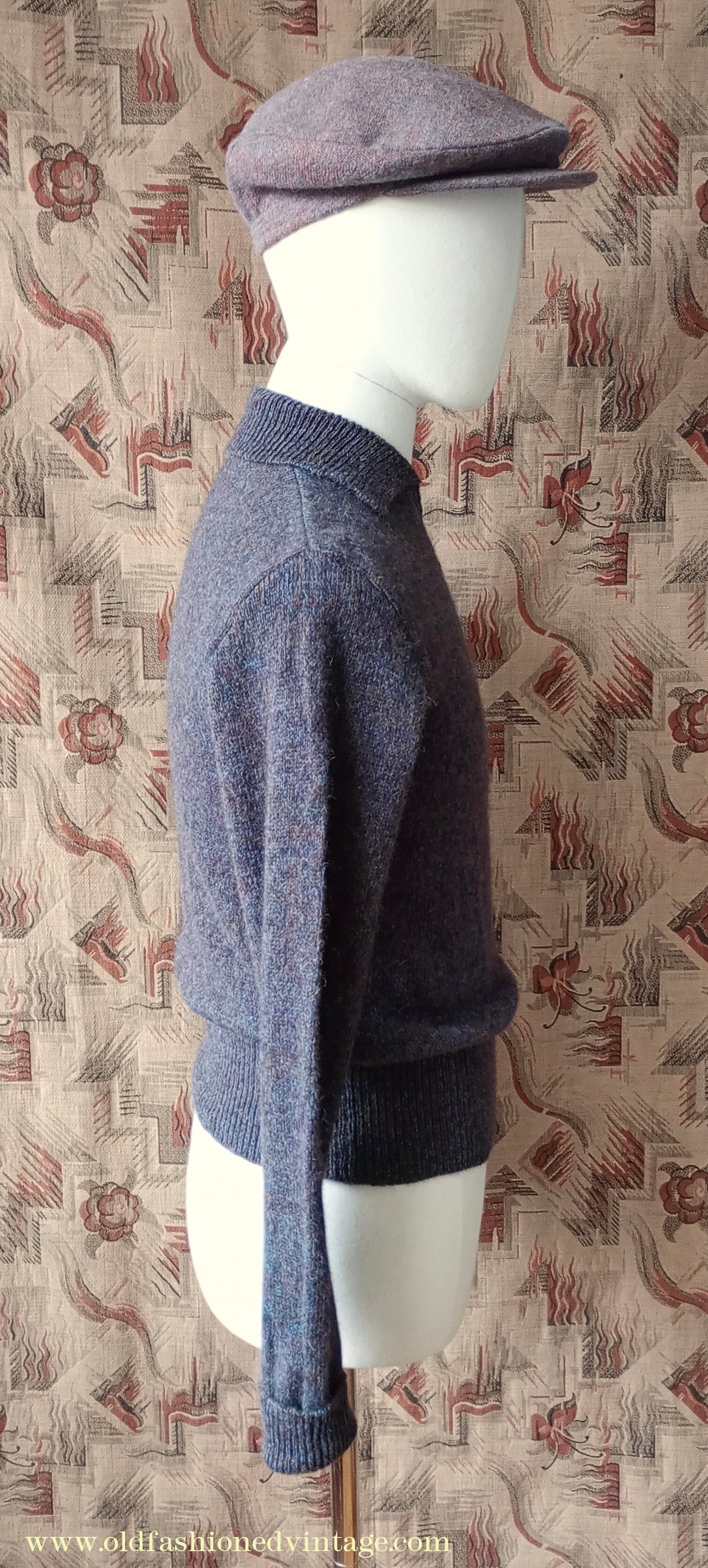 Old Fashioned Garments Vintage Reproduction 1940s Mens Zip Neck Jumper Purple Blue Heather Marl Polo Collar Sweater Lumberjacket S