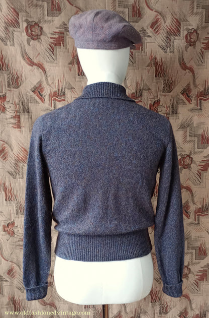 Old Fashioned Garments Vintage Reproduction 1940s Mens Zip Neck Jumper Purple Blue Heather Marl Polo Collar Sweater Lumberjacket S