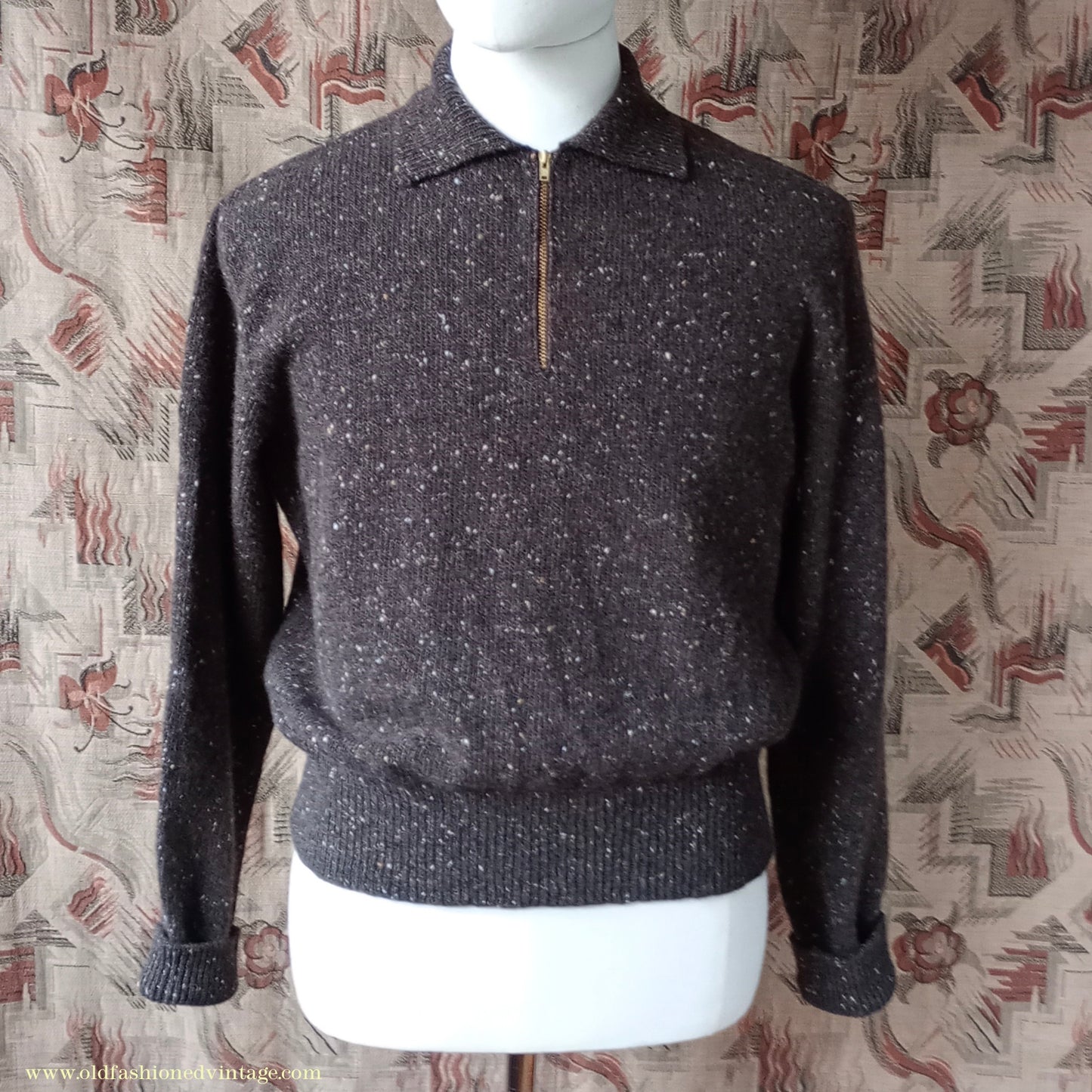 Old Fashioned Garments Vintage Reproduction 1940s Mens Zip Neck Jumper Flecked Brown Marl Polo Collar Sweater Lumberjacket L