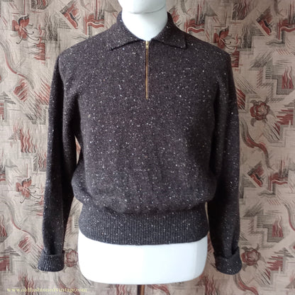 Old Fashioned Garments Vintage Reproduction 1940s Mens Zip Neck Jumper Flecked Brown Marl Polo Collar Sweater Lumberjacket L