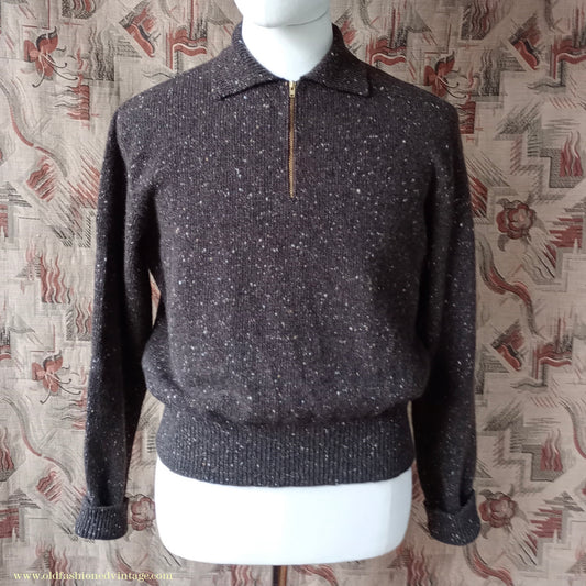 Old Fashioned Garments Vintage Reproduction 1940s Mens Zip Neck Jumper Flecked Brown Marl Polo Collar Sweater Lumberjacket L