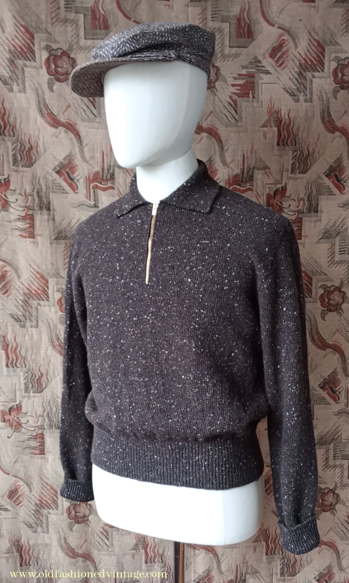 Old Fashioned Garments Vintage Reproduction 1940s Mens Zip Neck Jumper Flecked Brown Marl Polo Collar Sweater Lumberjacket L