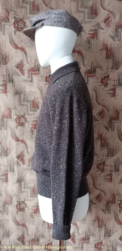 Old Fashioned Garments Vintage Reproduction 1940s Mens Zip Neck Jumper Flecked Brown Marl Polo Collar Sweater Lumberjacket L