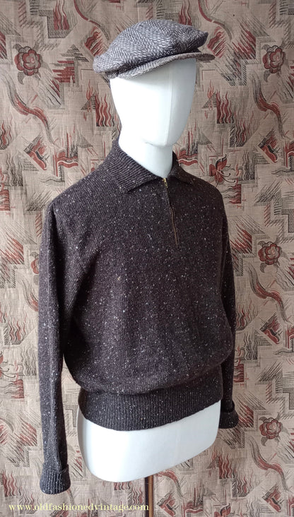 Old Fashioned Garments Vintage Reproduction 1940s Mens Zip Neck Jumper Flecked Brown Marl Polo Collar Sweater Lumberjacket L
