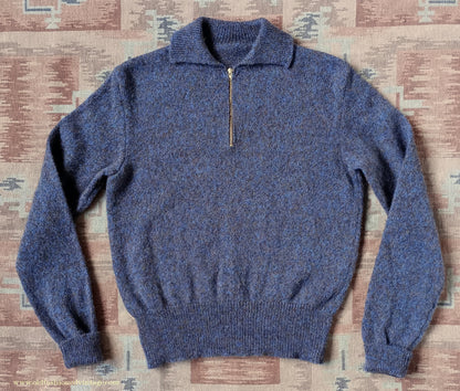 Old Fashioned Garments Vintage Reproduction 1940s Mens Zip Neck Jumper Purple Blue Heather Marl Polo Collar Sweater Lumberjacket S