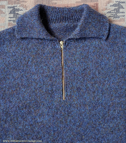 Old Fashioned Garments Vintage Reproduction 1940s Mens Zip Neck Jumper Purple Blue Heather Marl Polo Collar Sweater Lumberjacket S