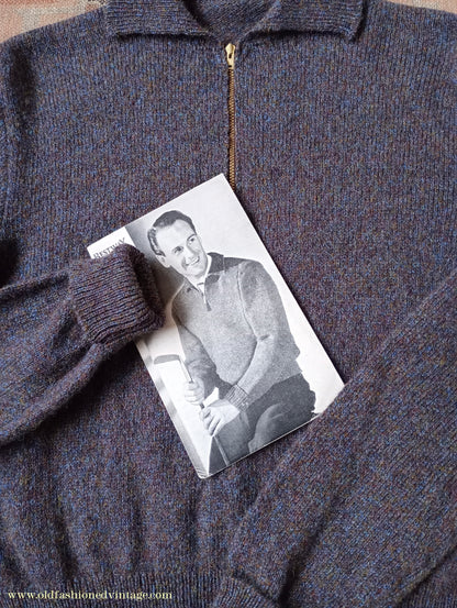 Old Fashioned Garments Vintage Reproduction 1940s Mens Zip Neck Jumper Purple Blue Heather Marl Polo Collar Sweater Lumberjacket S