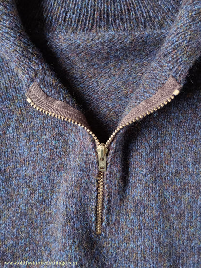 Old Fashioned Garments Vintage Reproduction 1940s Mens Zip Neck Jumper Purple Blue Heather Marl Polo Collar Sweater Lumberjacket S