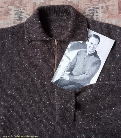Old Fashioned Garments Vintage Reproduction 1940s Mens Zip Neck Jumper Flecked Brown Marl Polo Collar Sweater Lumberjacket L