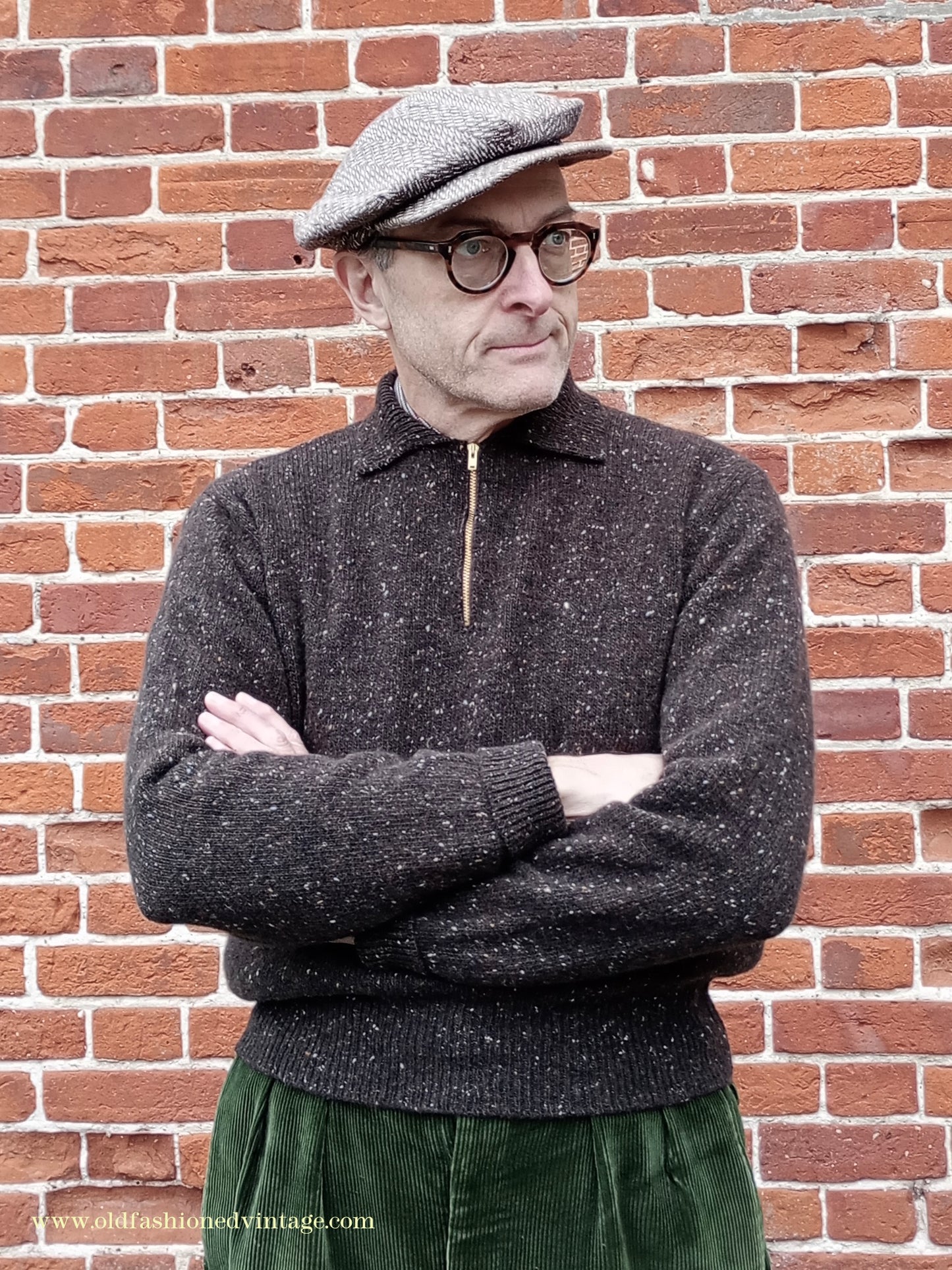 Old Fashioned Garments Vintage Reproduction 1940s Mens Zip Neck Jumper Flecked Brown Marl Polo Collar Sweater Lumberjacket L