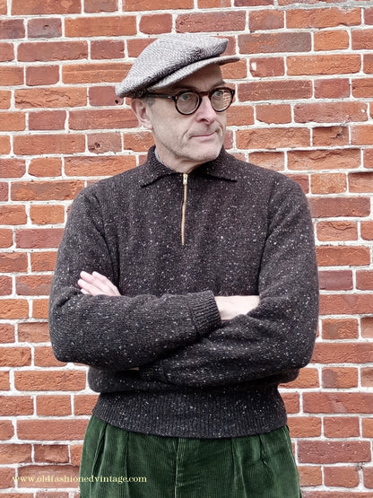 Old Fashioned Garments Vintage Reproduction 1940s Mens Zip Neck Jumper Flecked Brown Marl Polo Collar Sweater Lumberjacket L