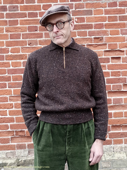 Old Fashioned Garments Vintage Reproduction 1940s Mens Zip Neck Jumper Flecked Brown Marl Polo Collar Sweater Lumberjacket L