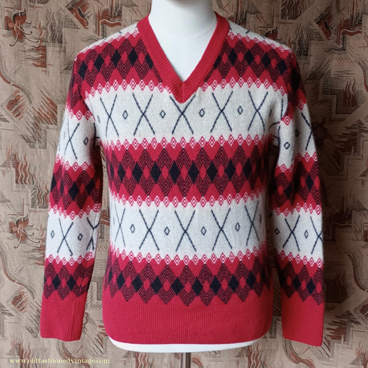 Mens 1930s 1940s Style LVC Levis Vintage Clothing Argyle Diamond Fairisle Sweater Jumper Red Black White M