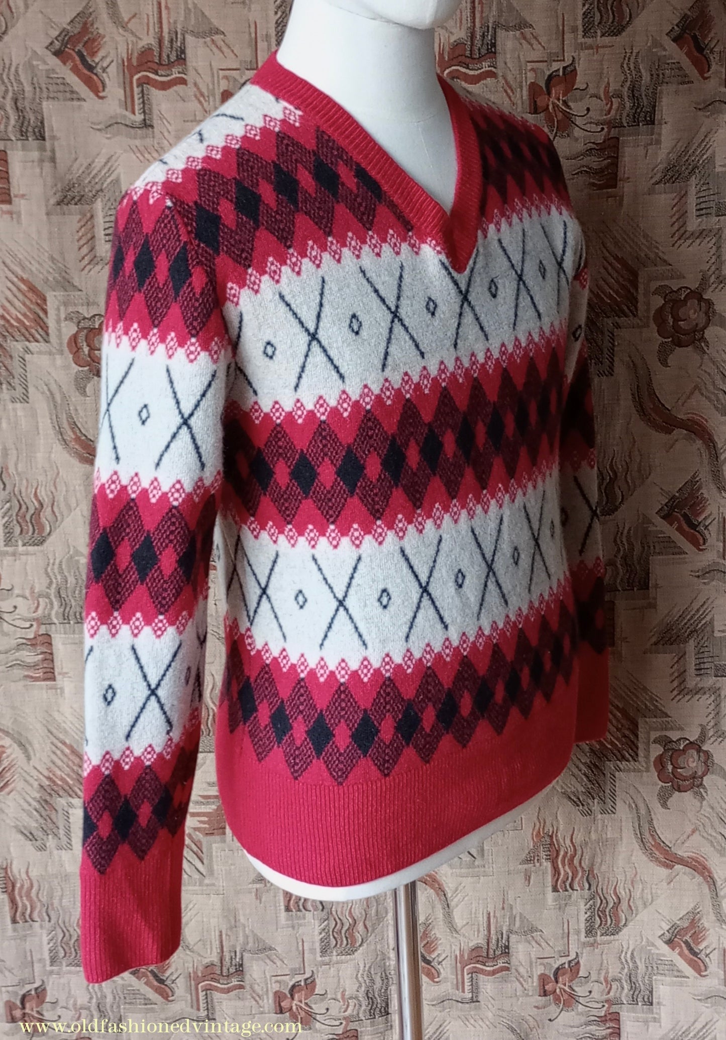 Mens 1930s 1940s Style LVC Levis Vintage Clothing Argyle Diamond Fairisle Sweater Jumper Red Black White M