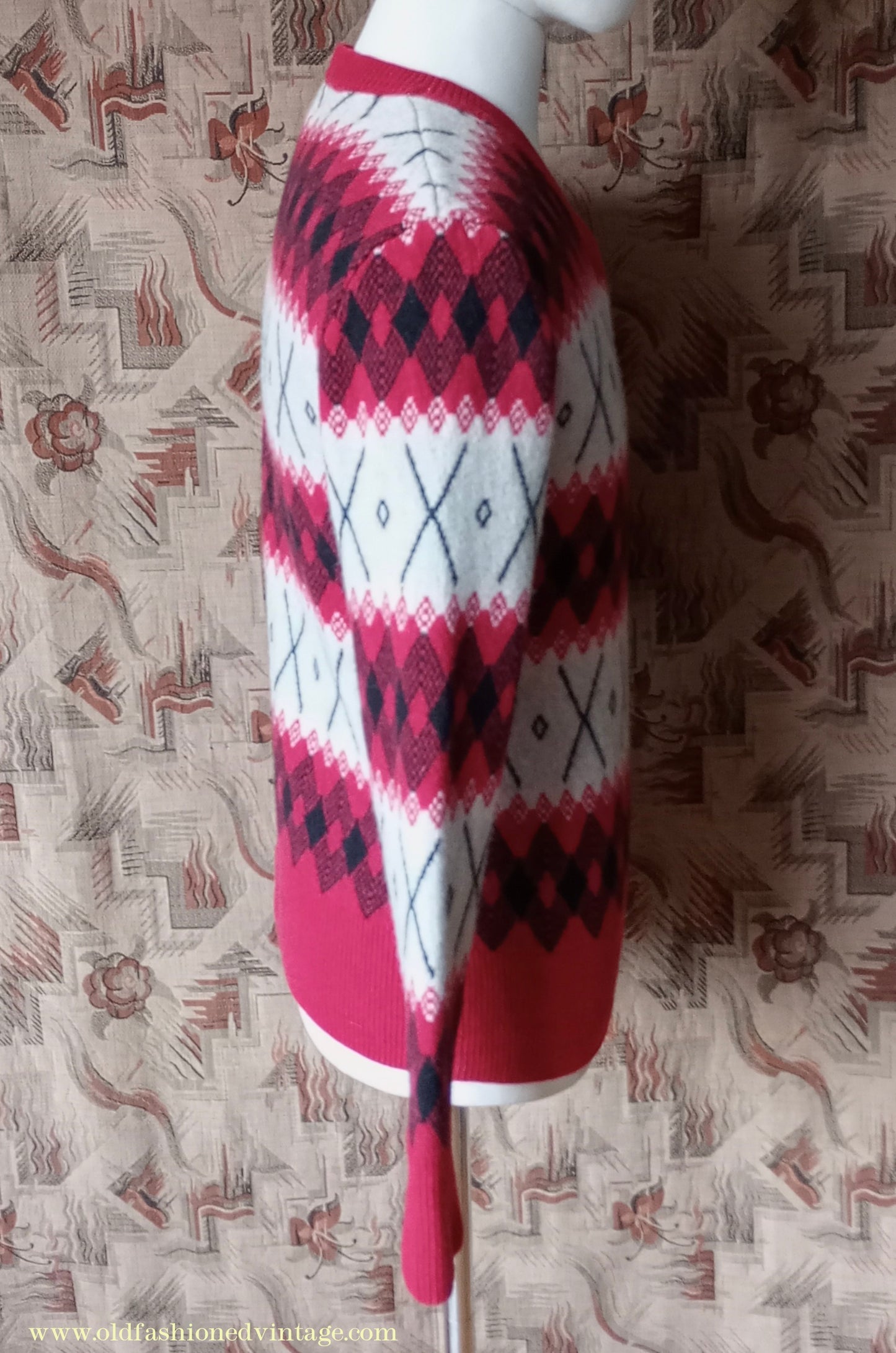 Mens 1930s 1940s Style LVC Levis Vintage Clothing Argyle Diamond Fairisle Sweater Jumper Red Black White M