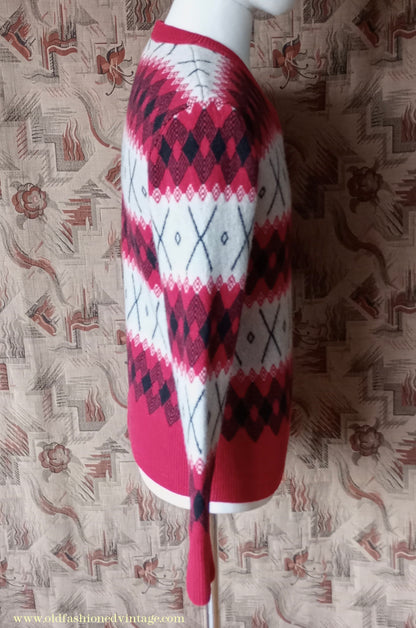 Mens 1930s 1940s Style LVC Levis Vintage Clothing Argyle Diamond Fairisle Sweater Jumper Red Black White M