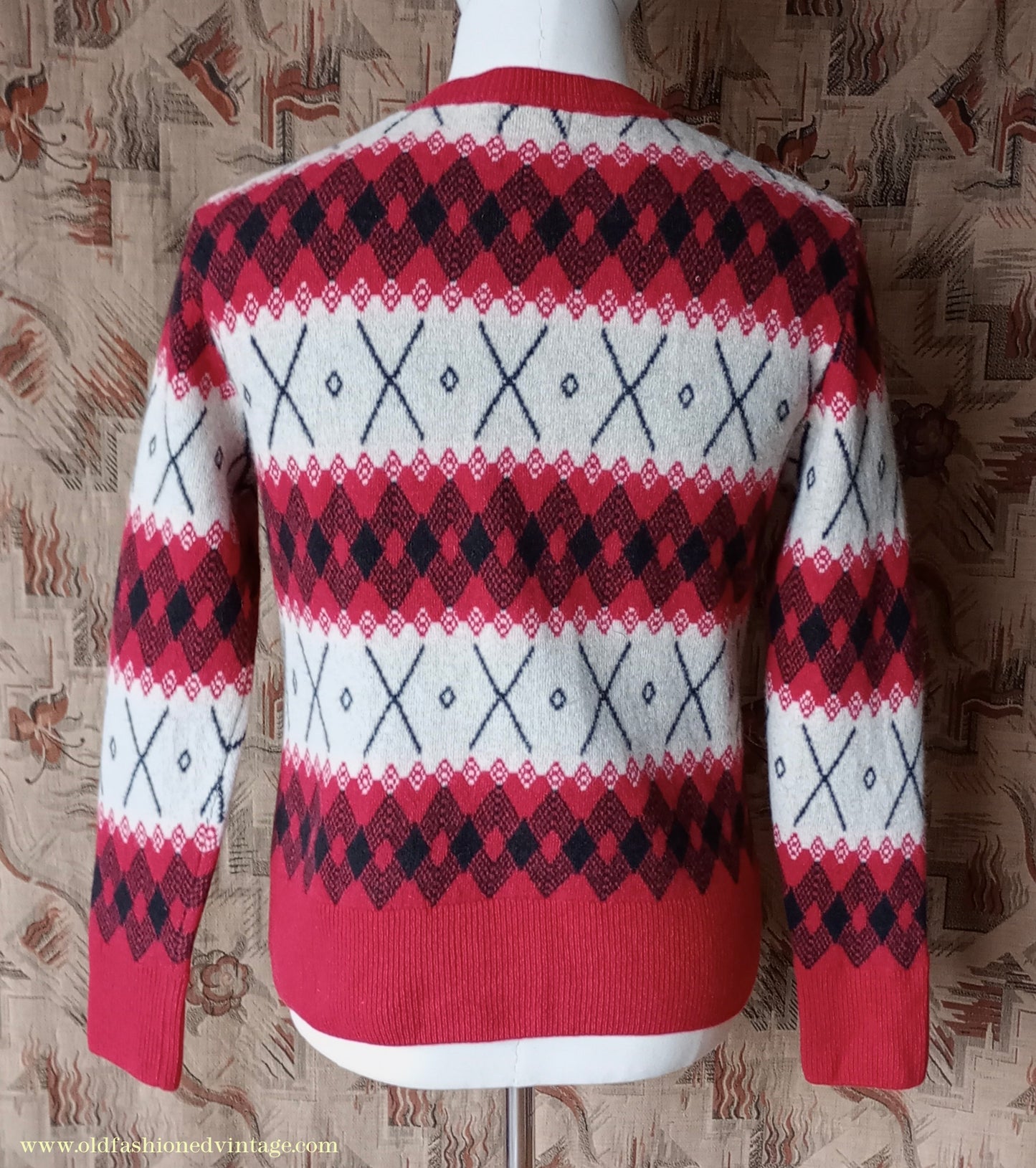 Mens 1930s 1940s Style LVC Levis Vintage Clothing Argyle Diamond Fairisle Sweater Jumper Red Black White M