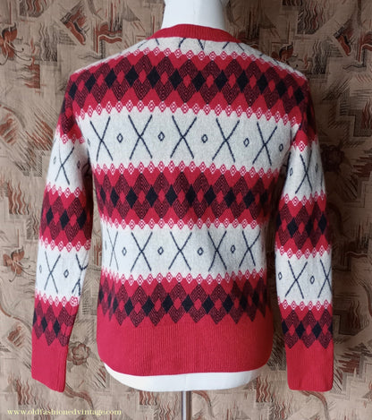 Mens 1930s 1940s Style LVC Levis Vintage Clothing Argyle Diamond Fairisle Sweater Jumper Red Black White M