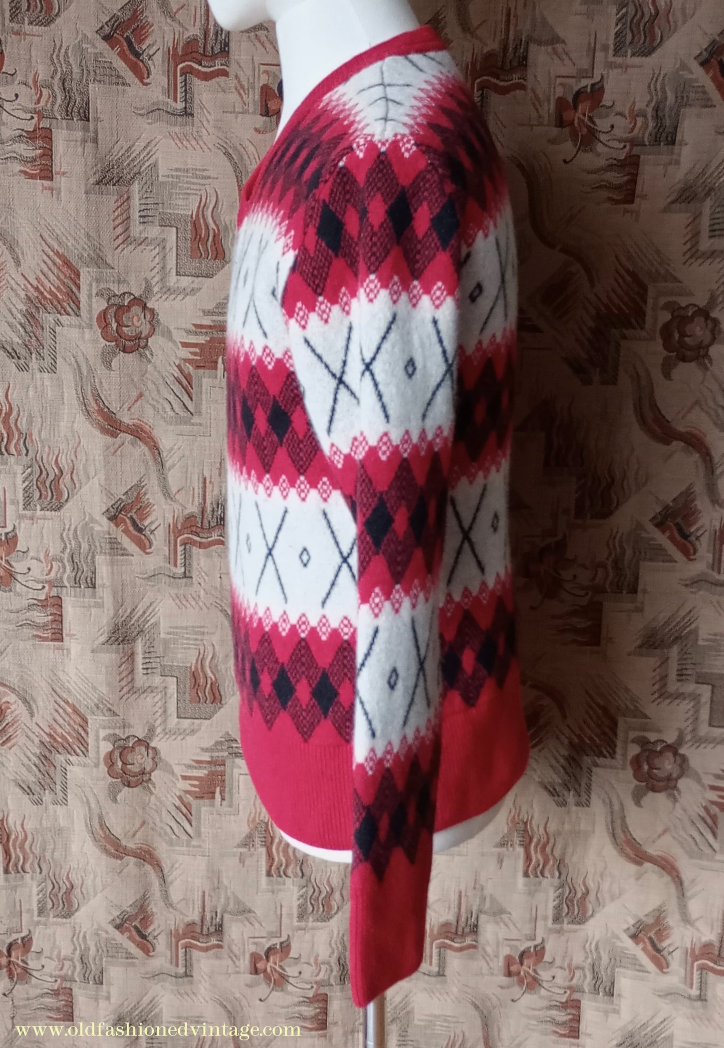Mens 1930s 1940s Style LVC Levis Vintage Clothing Argyle Diamond Fairisle Sweater Jumper Red Black White M