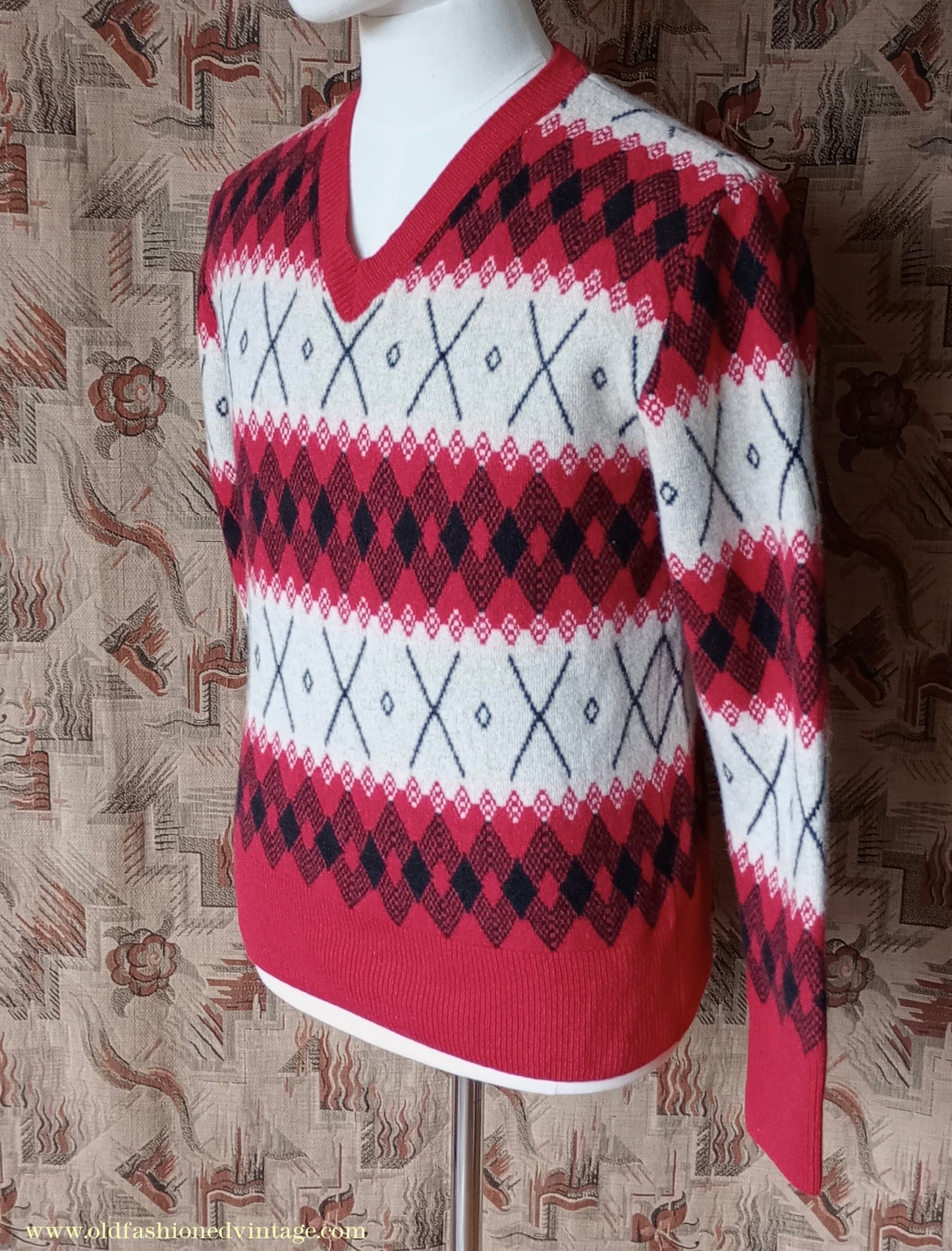 Mens 1930s 1940s Style LVC Levis Vintage Clothing Argyle Diamond Fairisle Sweater Jumper Red Black White M