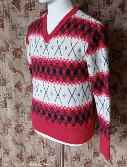 Mens 1930s 1940s Style LVC Levis Vintage Clothing Argyle Diamond Fairisle Sweater Jumper Red Black White M