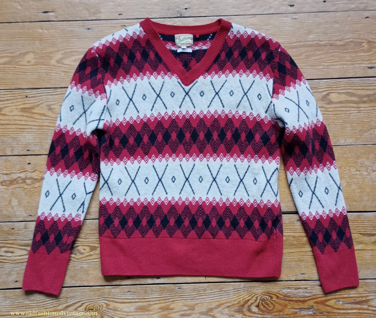 Mens 1930s 1940s Style LVC Levis Vintage Clothing Argyle Diamond Fairisle Sweater Jumper Red Black White M