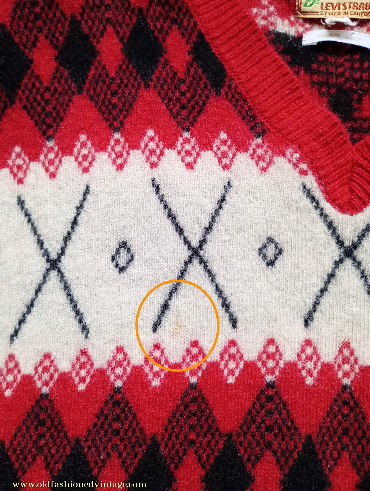 Mens 1930s 1940s Style LVC Levis Vintage Clothing Argyle Diamond Fairisle Sweater Jumper Red Black White M