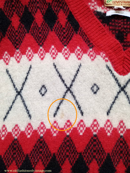 Mens 1930s 1940s Style LVC Levis Vintage Clothing Argyle Diamond Fairisle Sweater Jumper Red Black White M