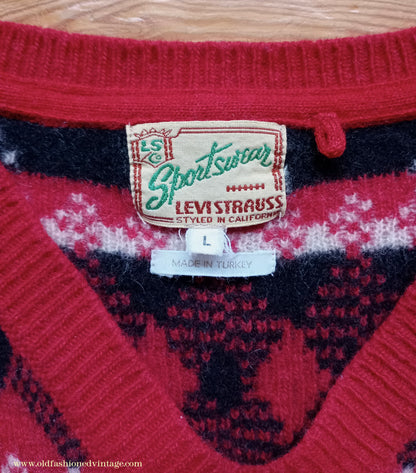 Mens 1930s 1940s Style LVC Levis Vintage Clothing Argyle Diamond Fairisle Sweater Jumper Red Black White M