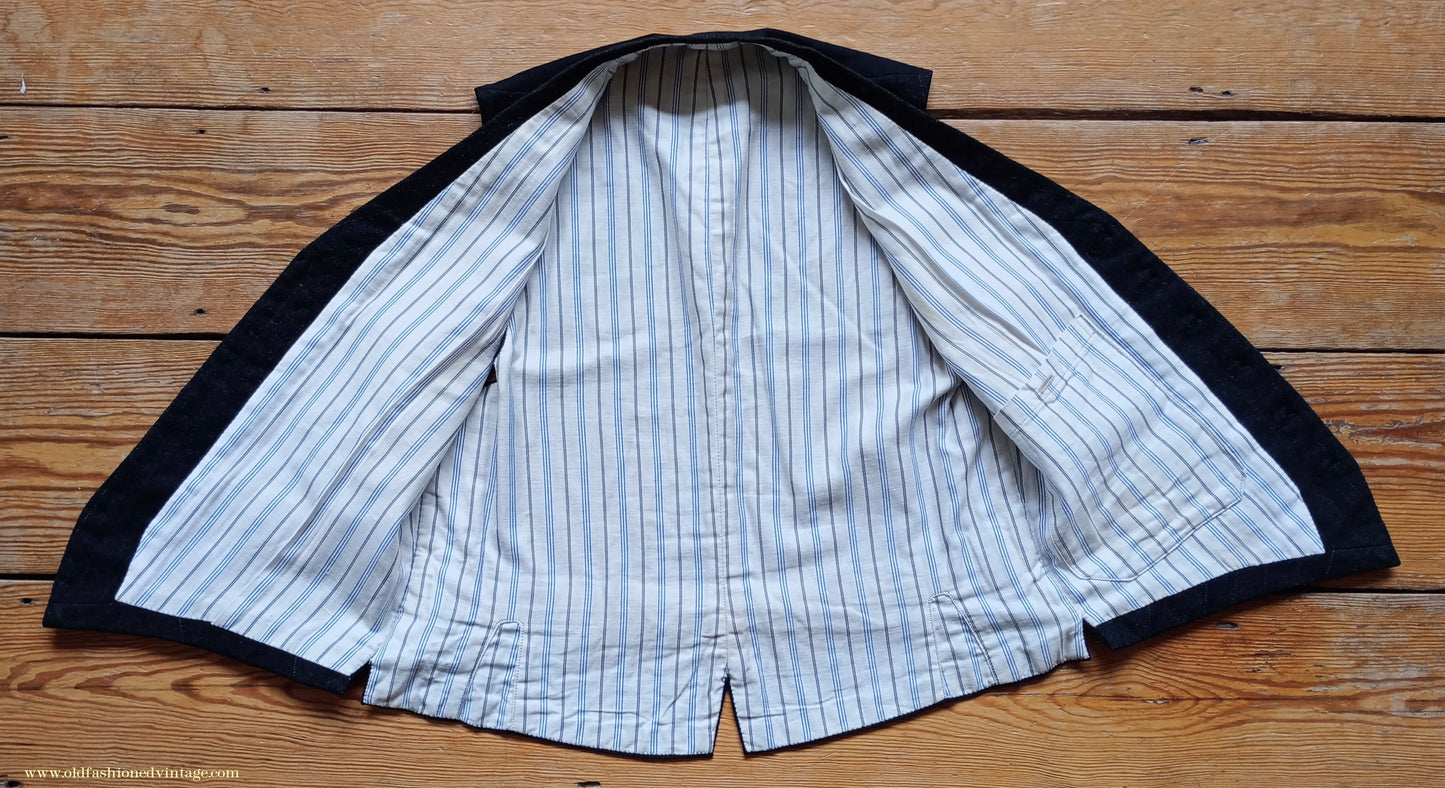 Vintage Mens 1930s French 3 Piece Suit Bespoke Tailored Charcoal Grey Pinstripe Wool 36" Long