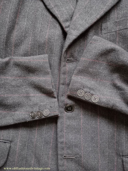 Vintage Mens 1930s French 3 Piece Suit Bespoke Tailored Charcoal Grey Pinstripe Wool 36" Long