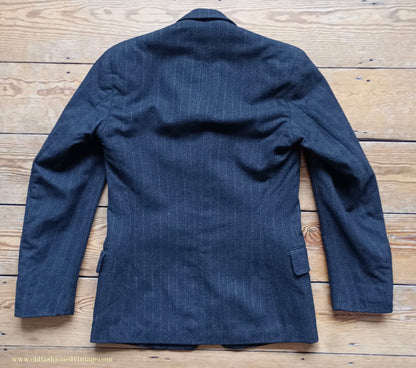 Vintage Mens 1930s French 3 Piece Suit Bespoke Tailored Charcoal Grey Pinstripe Wool 36" Long