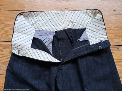 Vintage Mens 1930s French 3 Piece Suit Bespoke Tailored Charcoal Grey Pinstripe Wool 36" Long