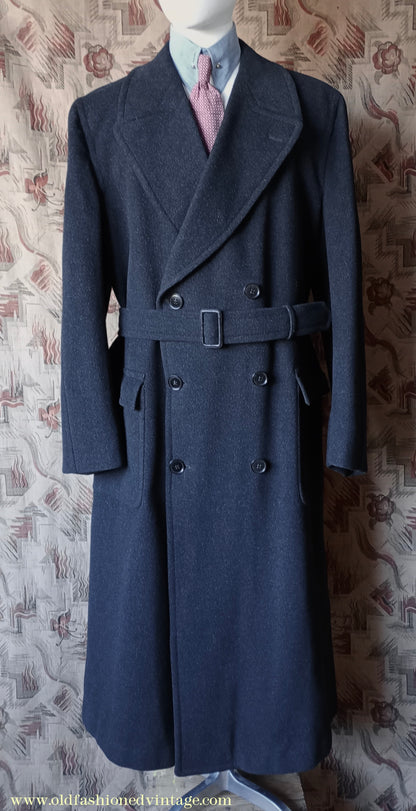 Vintage Mens 1950s Burton Laird Double Breasted Overcoat Coat Dark Charcoal Grey Wool DB Belted XL