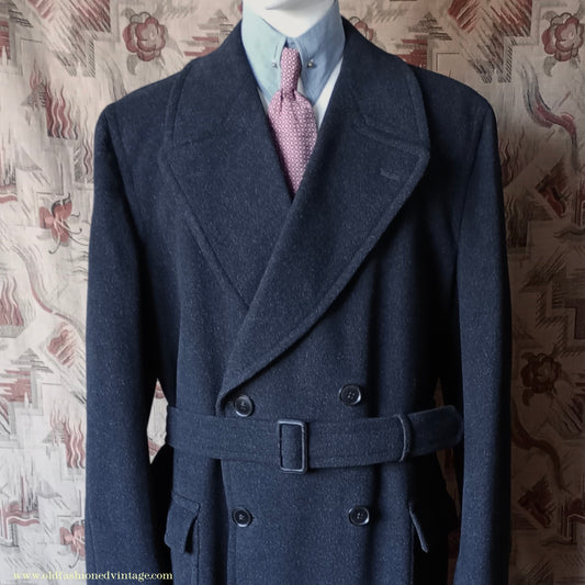 Vintage Mens 1950s Burton Laird Double Breasted Overcoat Coat Dark Charcoal Grey Wool DB Belted XL