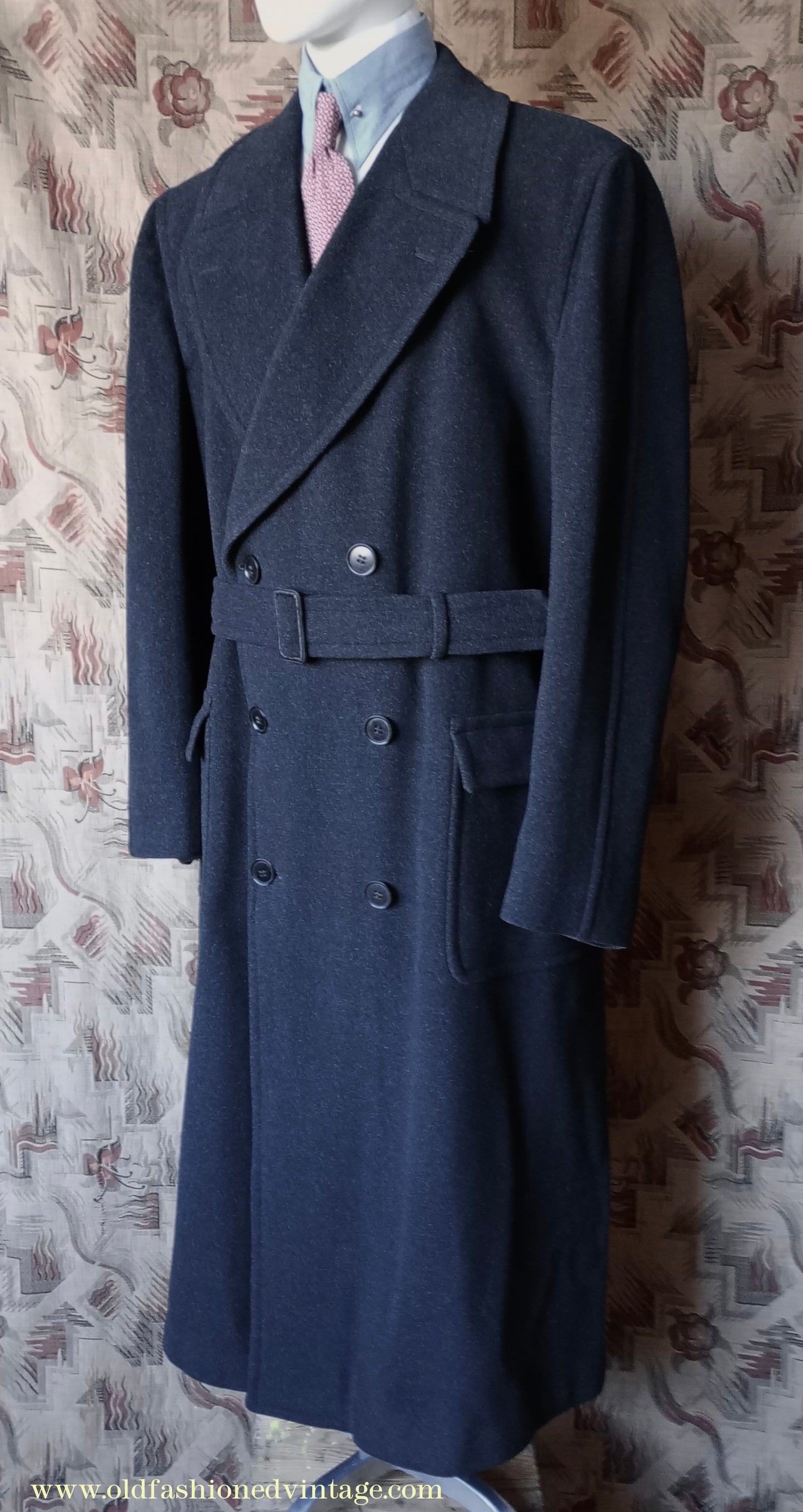 Vintage Mens 1950s Burton Laird Double Breasted Overcoat Coat Dark Charcoal Grey Wool DB Belted XL