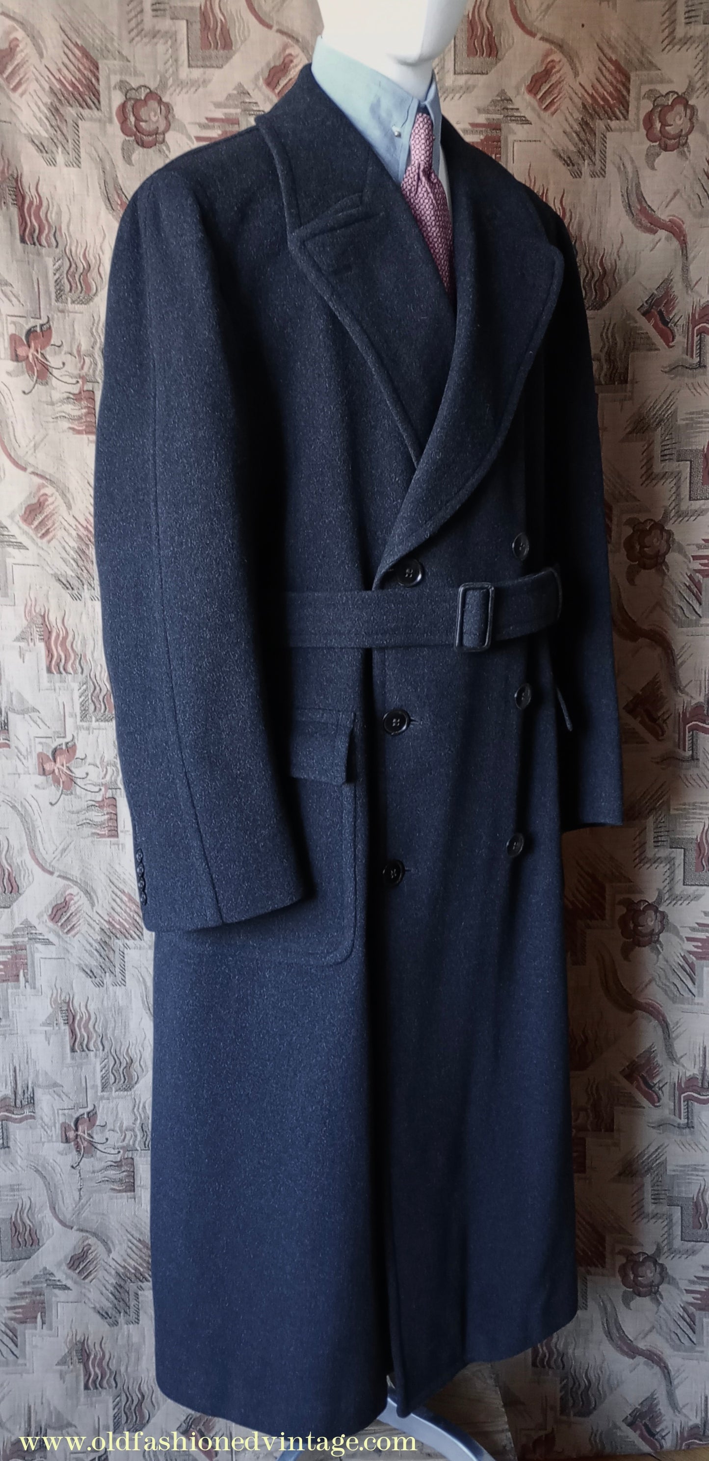 Vintage Mens 1950s Burton Laird Double Breasted Overcoat Coat Dark Charcoal Grey Wool DB Belted XL
