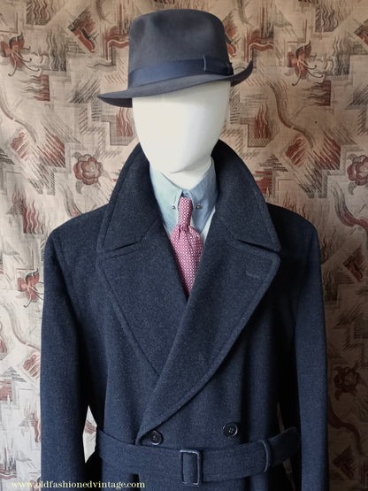 Vintage Mens 1950s Burton Laird Double Breasted Overcoat Coat Dark Charcoal Grey Wool DB Belted XL