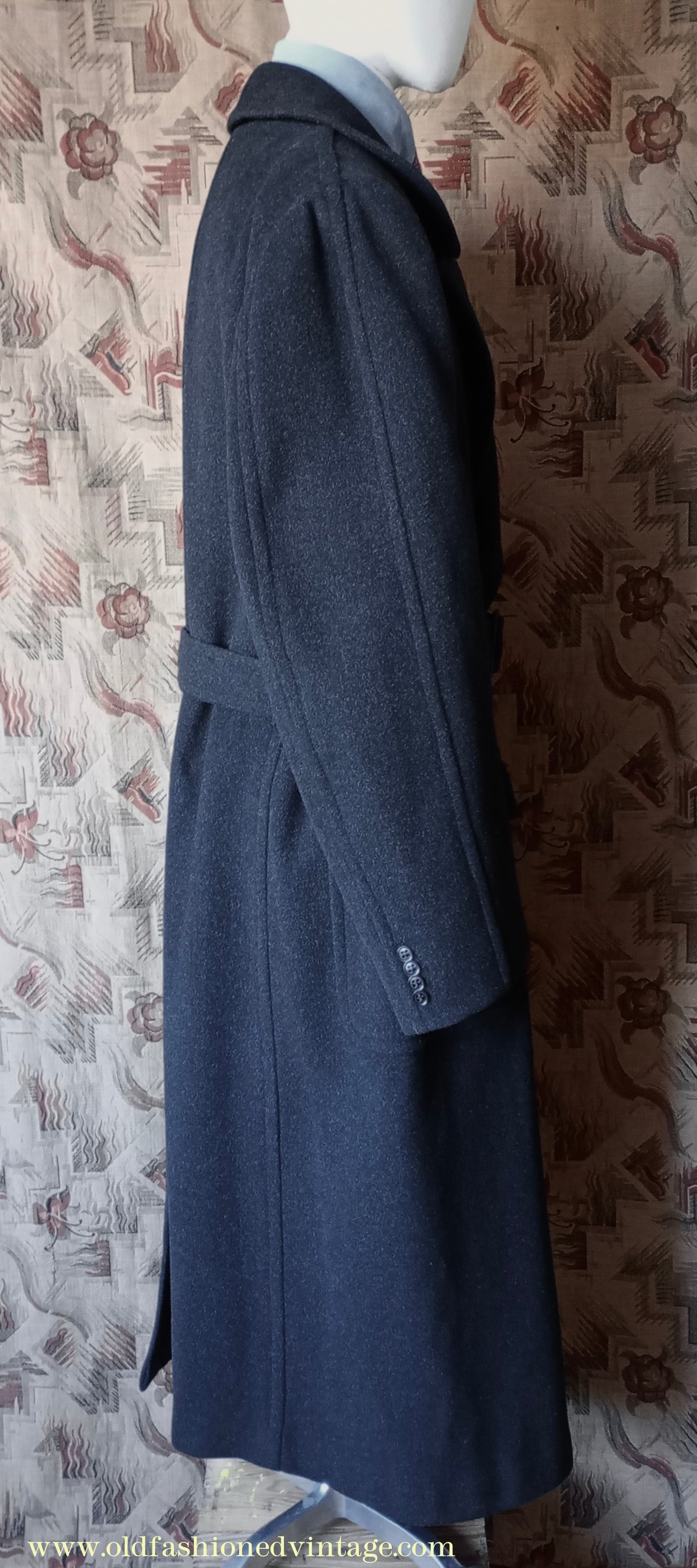 Vintage Mens 1950s Burton Laird Double Breasted Overcoat Coat Dark Charcoal Grey Wool DB Belted XL