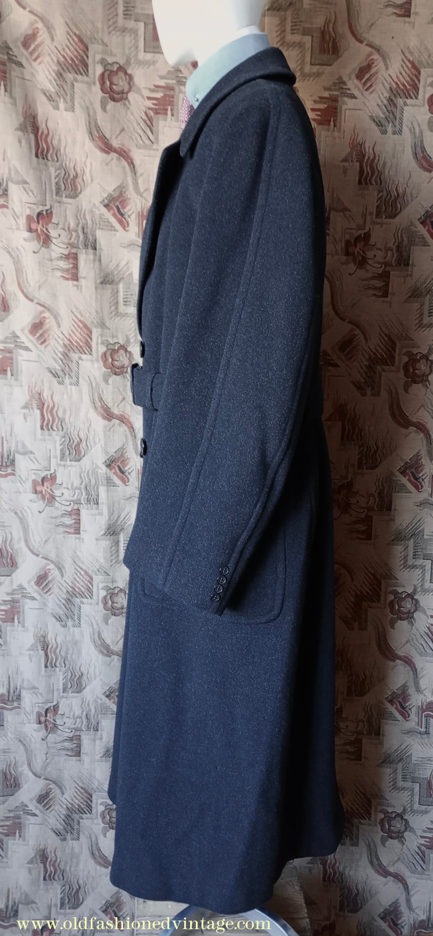 Vintage Mens 1950s Burton Laird Double Breasted Overcoat Coat Dark Charcoal Grey Wool DB Belted XL